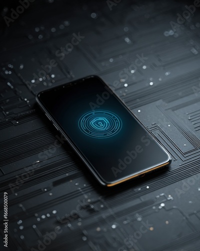 Modern smartphone resting on futuristic digital circuit board background with glowing blue biometric fingerprint security interfacesmartphone