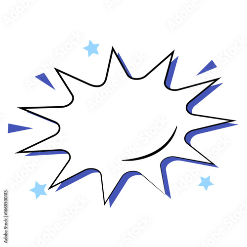 A white starburst speech bubble with a blue outline and small blue stars, perfect for comic book dialogue or graphic design.