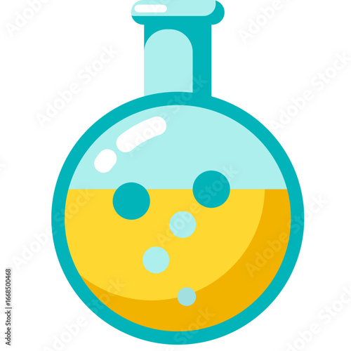 A vibrant cartoon illustration of a round-bottom flask filled with a bubbling yellow chemical liquid.