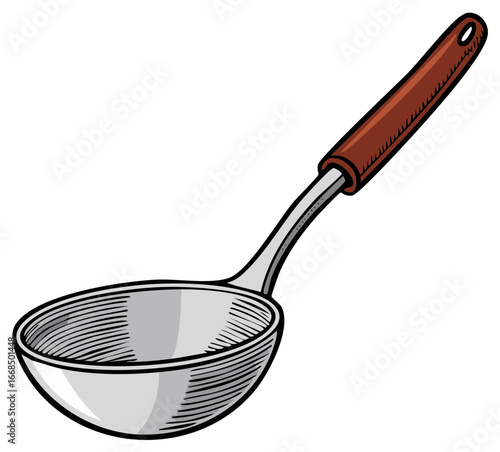 Detailed Drawing of a Ladle Kitchen Utensil with Wooden Handle for Serving Food