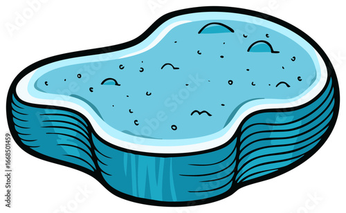 Illustration of a blue hot tub, swimming pool, or bath tub with water and bubbles outlined in black cartoon style