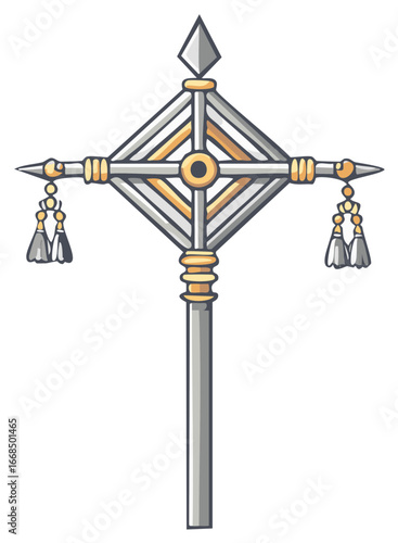 Processional Cross Symbol Silver and Gold Colored with Tassels Isolated