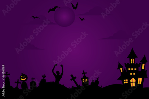 Dark Halloween background with haunted castle, graveyard, zombie rising, pumpkins, tombstones, bats, and full moon in purple night sky.