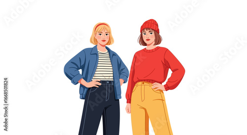 Cartoon Style Two Stylish Woman Standing Fashion Illustration Design