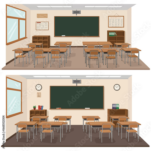 A detailed illustration of two classroom layouts with desks and educational tools