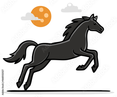 Black horse galloping under the sun with clouds, equine animation, stylized pony vector, silhouette of stallion running