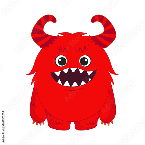 A cute, cartoonish, fluffy red monster with big eyes, sharp teeth, and striped horns, smiling widely.