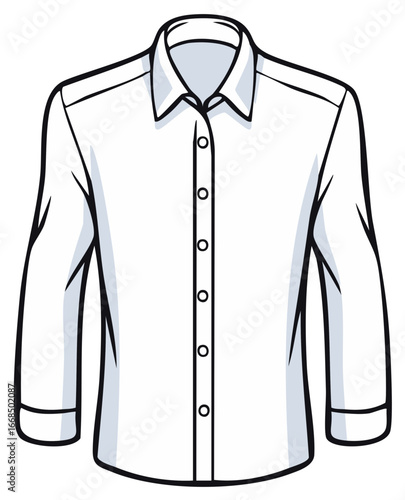 Illustration of a white button-down shirt with long sleeves and a collar.