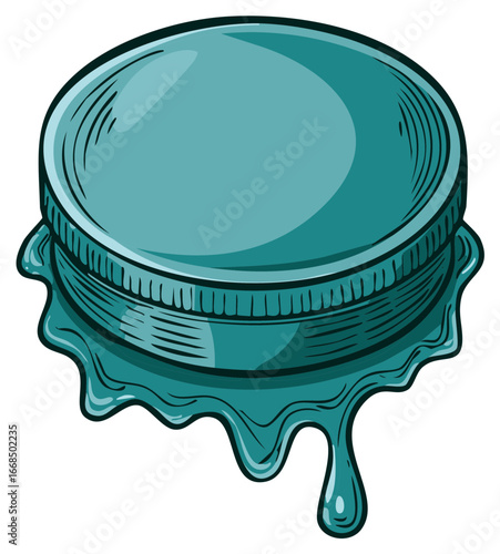 Teal Bottle Cap with Dripping Liquid Illustration. Graphic style depicts a metal bottle cap with liquid spilling out.
