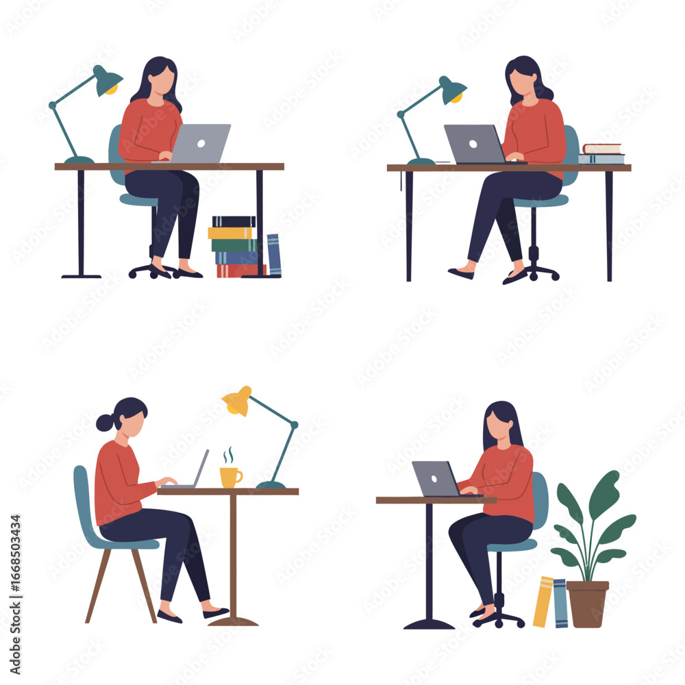 Fototapeta premium woman working on laptop in different office settings and positions at desk