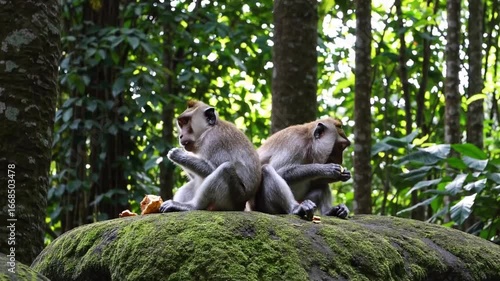 Two monkeys sitting on rock and eating fruit in the Sacred Monkey Forest Sanctuary in Bali, Indonesia, surrounded by lush green tropical greenery
