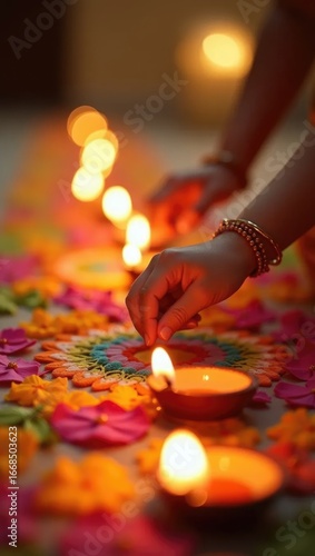 Dashahra, India. Child and Adult Hands Creating Rangoli Together with Flower Petals