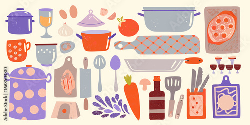 Colorful Kitchen Utensils and Ingredients Illustration