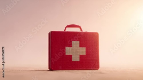 Red first aid kit on a neutral background, symbolizing emergency preparedness and quick response, evokes a sense of security and health awareness
