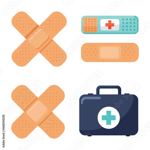 First aid kit and bandages for medical care and injury treatment
