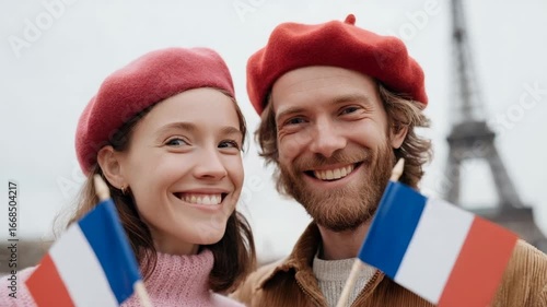 Smiling couple with French flags, celebrating a holiday near the Eiffel Tower, exuding a joyful Parisian vibe, Caucasian man and woman in red berets