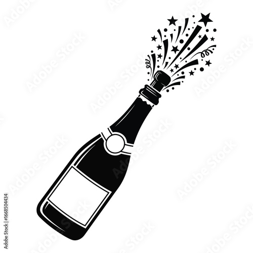 Champagne bottle popping cork releasing bubbles and stars celebration event or party concept