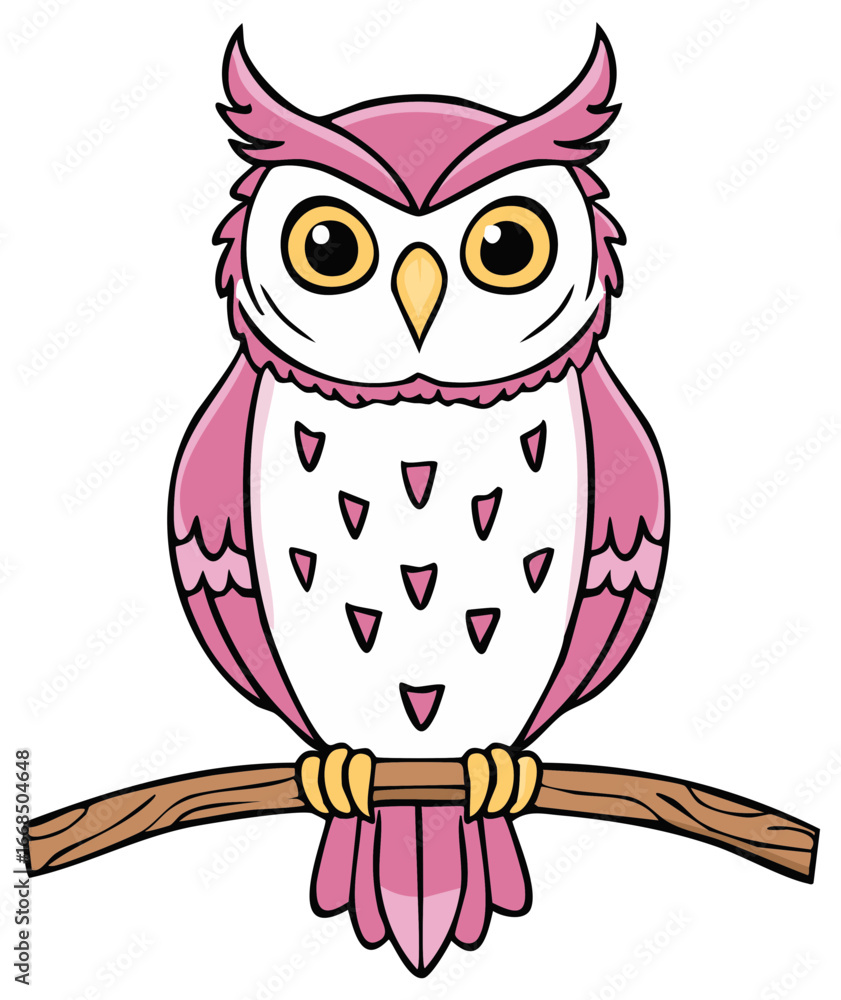 Fototapeta premium Cute pink owl cartoon perching on a tree branch with triangle speckled chest feathers