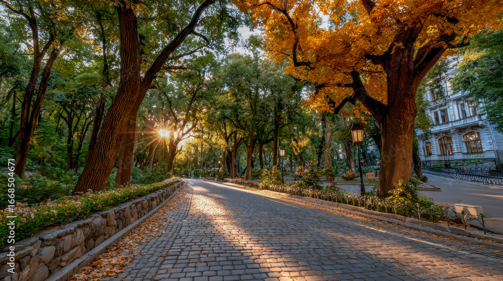 Naklejka premium Serene autumn park scene with golden leaves, sun rays filtering through trees, and a winding cobblestone path inviting peaceful strolls in nature's embrace
