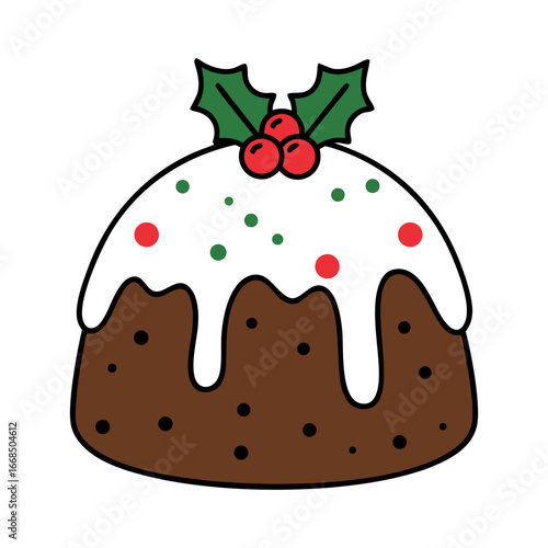Collection of cakes pies and desserts for all letters of alphabet. Letter X - xmas cake christmas pudding. Sticky sponge cake with dried and candied fruit and citrus zest. Isolated vector illustration