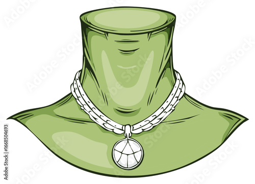 Stylized green neck with ornate white pendant necklace in vintage illustration style