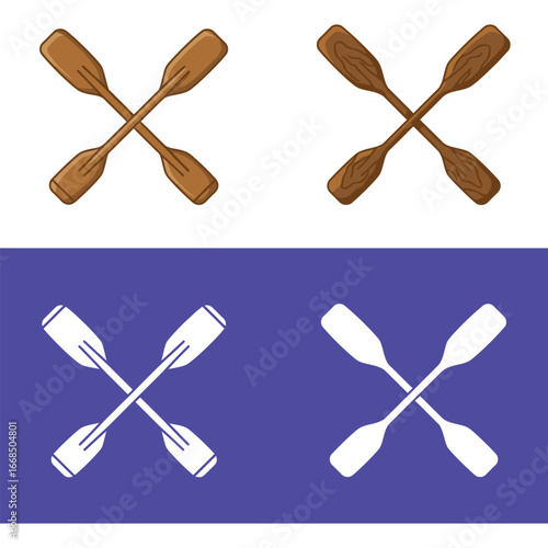 Crossed oar and paddle icons in different colors and styles for various uses