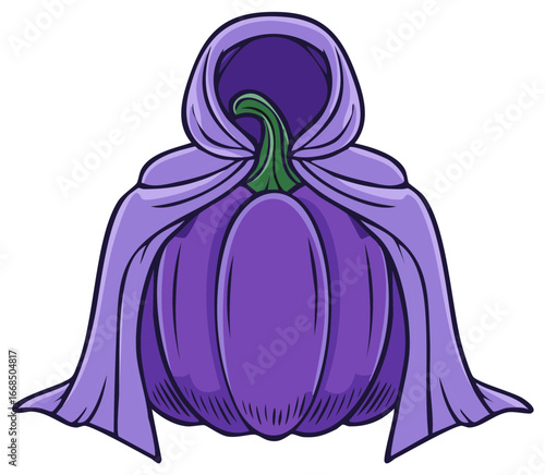 Mysterious Purple Pumpkin in Cloak for Halloween Fantasy Illustration