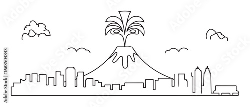 Panto Colombia City Line Art Skyline Outline with Volcano  Carnival Mask. with white background