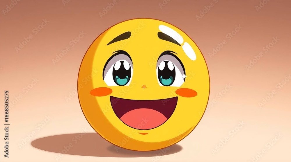 Fototapeta premium Cheerful 3D Emoji Face – A Vibrant Yellow Character with Sparkling Eyes, Rosy Cheeks, and a Wide Happy Smile Radiating Joy, Warmth, and Playful Digital Charm