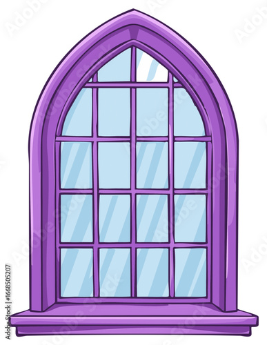 Illustration of an arched window with a purple frame and glass panels