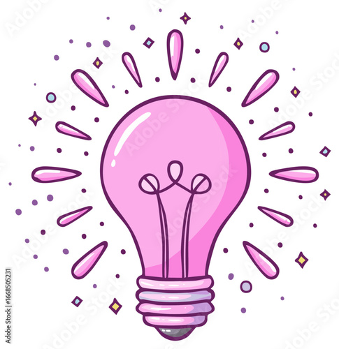 Cute Pink Light Bulb Shining with Radiating Light and Sparkles for Innovation and Ideas