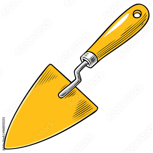 Illustration of a Yellow Hand Trowel with Woodgrain Design for Gardening and Yardwork