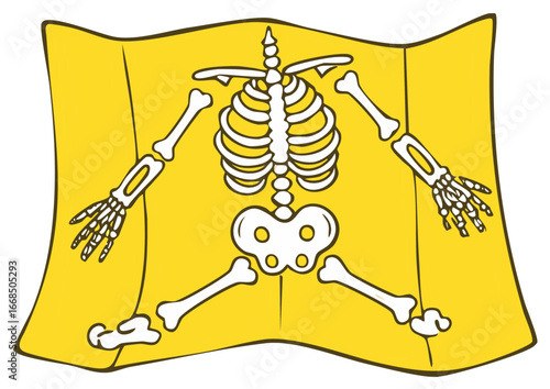 Stylized Skeleton Body Outline on Folded Yellow Paper