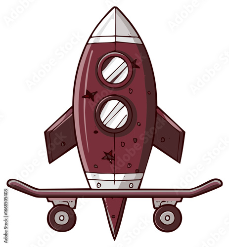 Whimsical illustration of a vintage red rocket ship riding a skateboard