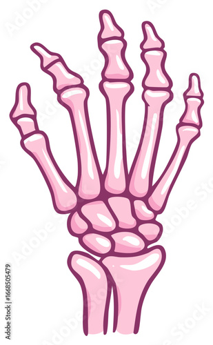 Playful pink skeleton hand bone structure illustration ideal for Halloween, medical, or spooky cute themes