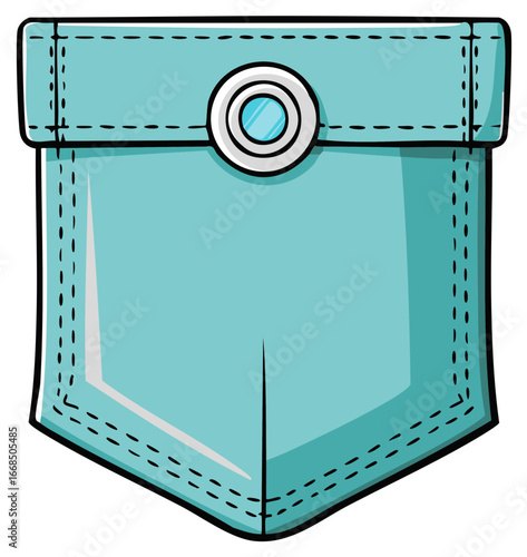 Hand drawn turquoise patch pocket with a flap and button cartoon vector illustration