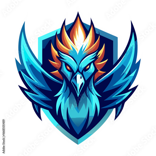 Ice Phoenix gaming logo, fantasy mascot, vector illustration, icy flames, glowing effects, esports style, legendary creature, digital art, modern design