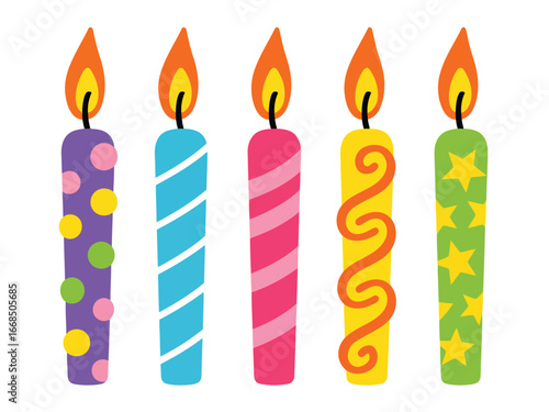A charming collection of five decorative birthday candles perfect for celebrating special occasions and adding festive flair to designs