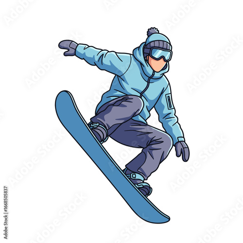 A snowboarder in a blue jacket and hat performs a jump on a snowboard, captured mid-air against a white background.