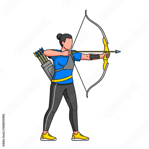 An archer in a blue shirt and black pants aims her bow and arrow at a target.