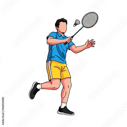 An illustration of a badminton player hitting a shuttlecock with a racket.