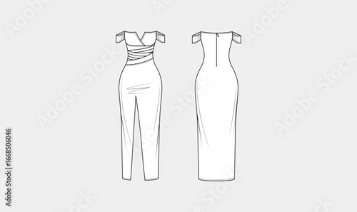 bodycon dress long dress flat sketch vector, girls bodycon maxi dress, fashion technical drawing, font and back view, elegant dress sketch illustration