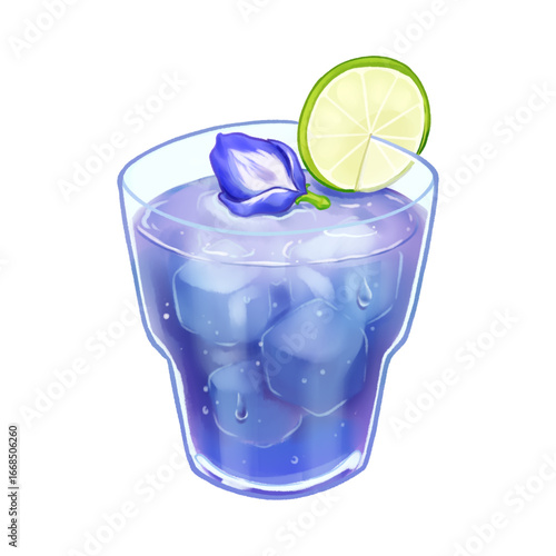A beautifully illustrated glass of refreshing iced butterfly pea flower tea, garnished with a vibrant lime slice