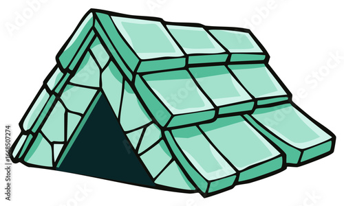 Stylized Tent Structure Featuring Unique Turquoise Blocks and Triangular Openings