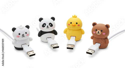 Fototapeta Naklejka Na Ścianę i Meble -  A kawaii collection of panda, chick, and bear cable bite accessories that protect charging cords while adding playful charm.