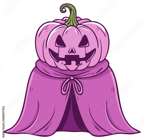 Smiling pink jack o lantern wearing a purple cloak and hood with tie