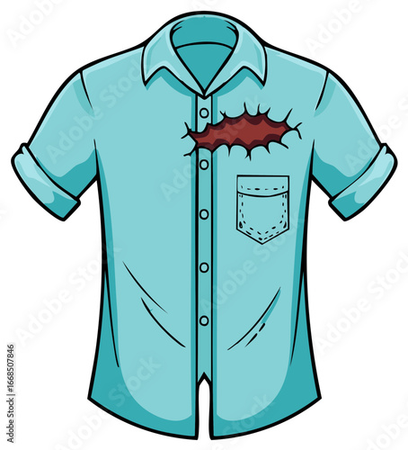 Cartoon illustration of blue shirt with a torn bloody wound.