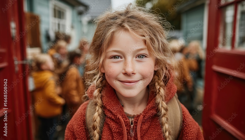 Fototapeta premium Girl with red backpack greeting friends on first day of school
