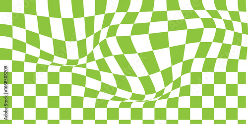 Abstract wavy psychedelic checkerboard background with white and blue colors. Trippy design with distortion grid effect. Twisted wavy and groovy geometrical chessboard. Vector illustration. EPS 10