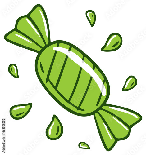 Cartoon style vibrant green wrapped candy with refreshing flavor elements sweet treat illustration